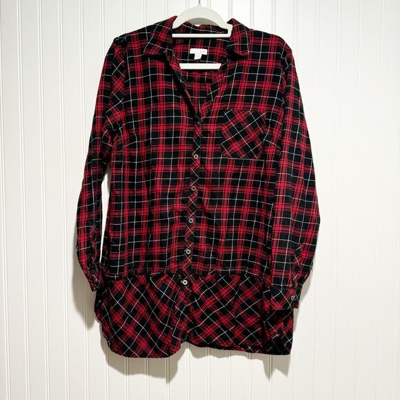 J. Jill Tops - J Jill Red Black Plaid Button Up Tunic Shirt Size Medium